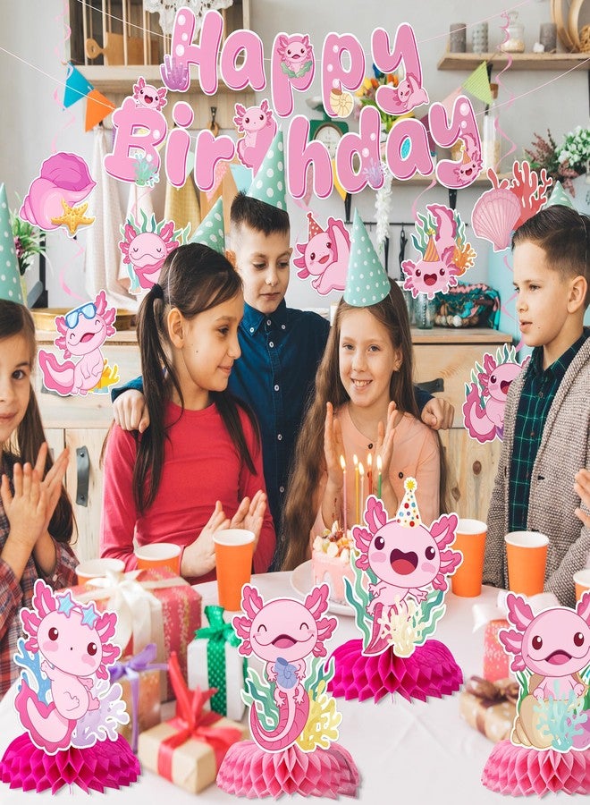 iPartyGo Axolotl Birthday Party Decorations - 12 PCs Pink Cute Cartoon Animals Happy Birthday Banner Ceiling Hanging Swirls Streamer Decor Table Honeycomb Centerpieces Favors for Kids Girls Backdrop - Image 3